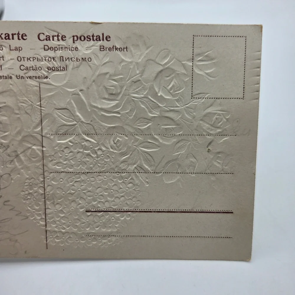 Vintage Best Wishes Pink Roses Blue Vase Embossed Postcard SER. 575